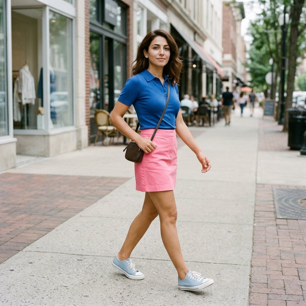 Flamingo Pink Mini Skirt with Cobalt Blue Knit Polo