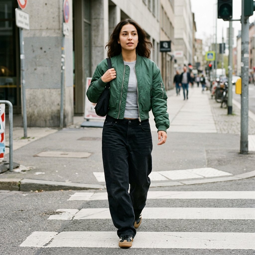 Forest Green Bomber + Black Baggy Jeans