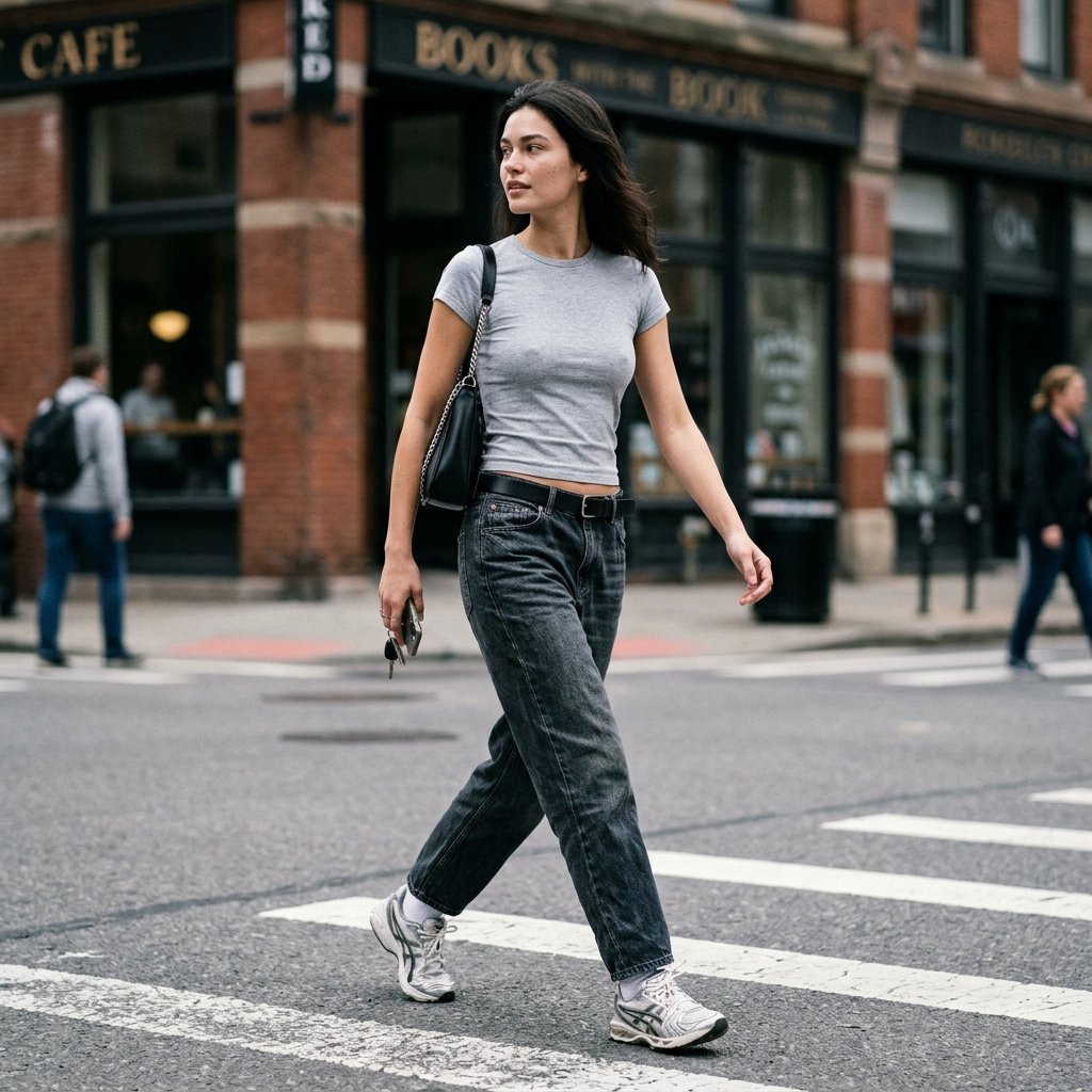 Gray Baby Tee + Baggy Dark-Wash Jeans + Silver Sneakers