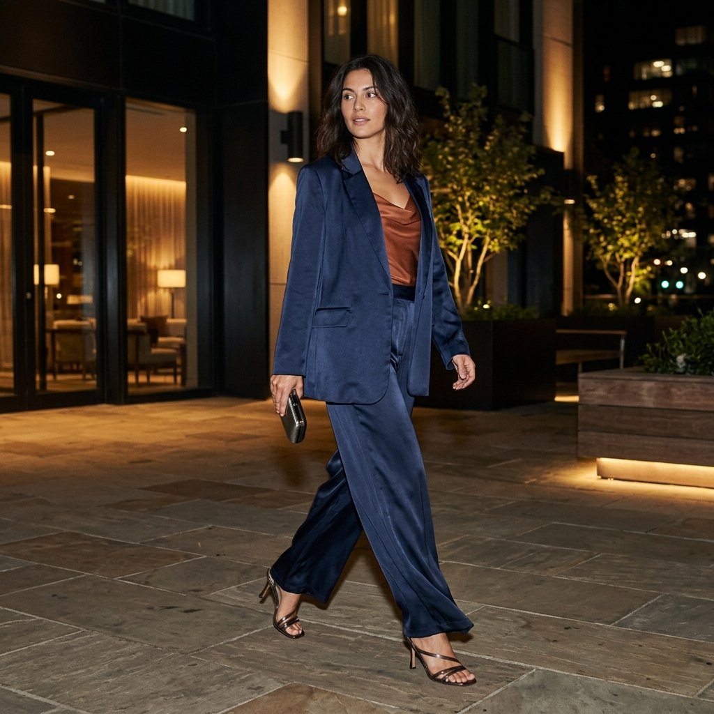 Ink Blue Satin Suit With a Copper Cowl-Neck Top