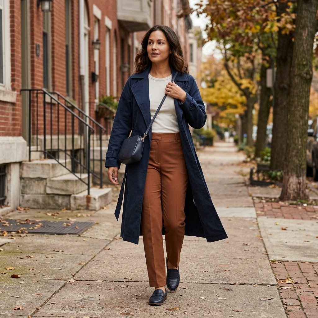 Ink Navy Trench Coat With Cinnamon Pants