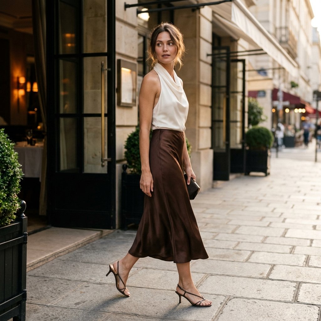 Ivory Draped Halter With Chocolate Satin Skirt