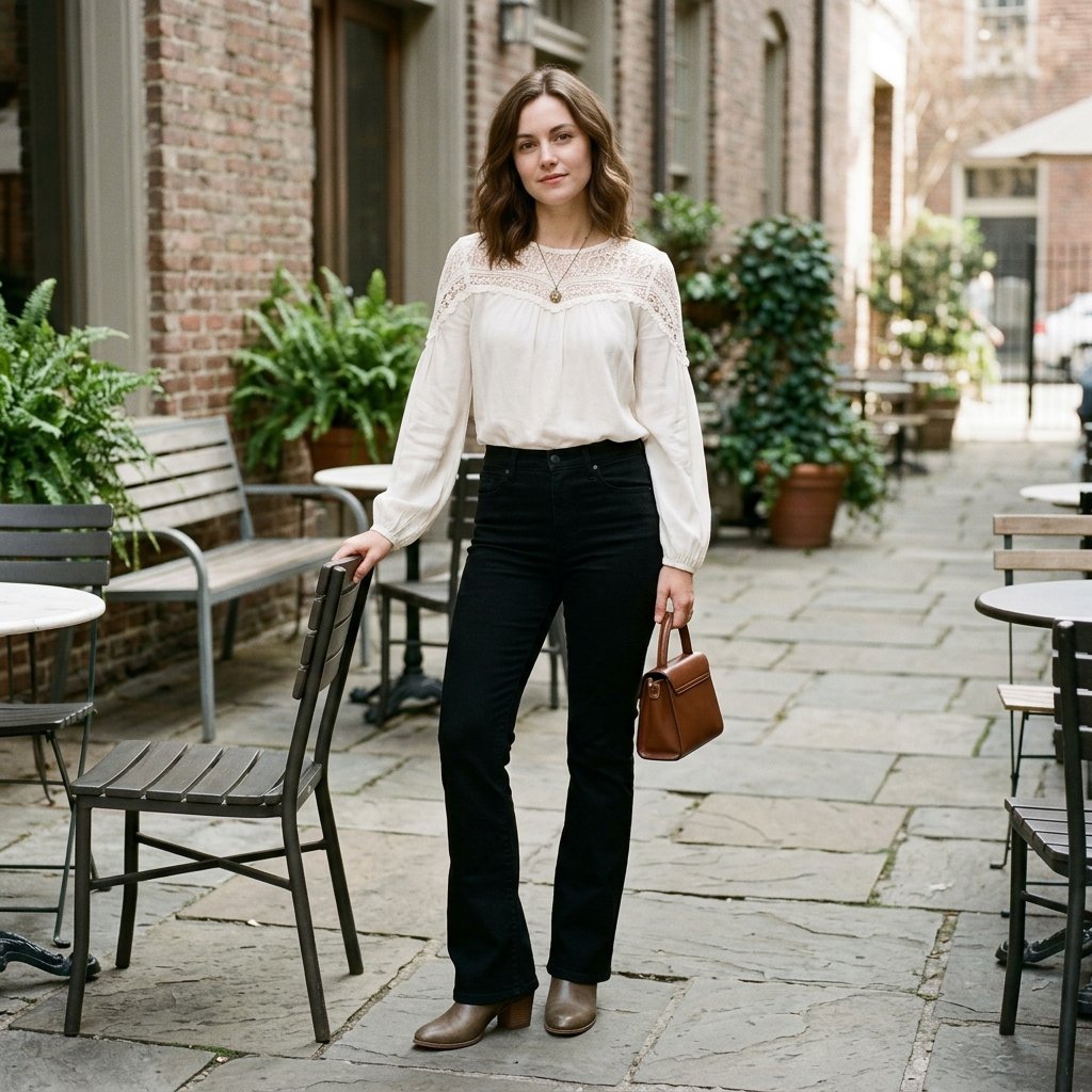 Ivory Lace Blouse + Black Bootcut Jeans
