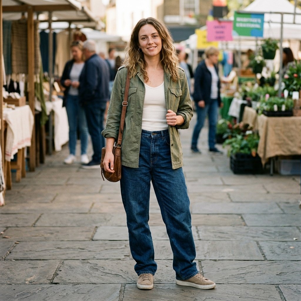 Ivory Vest + Olive Utility Jacket + Deep Blue Relaxed Jeans