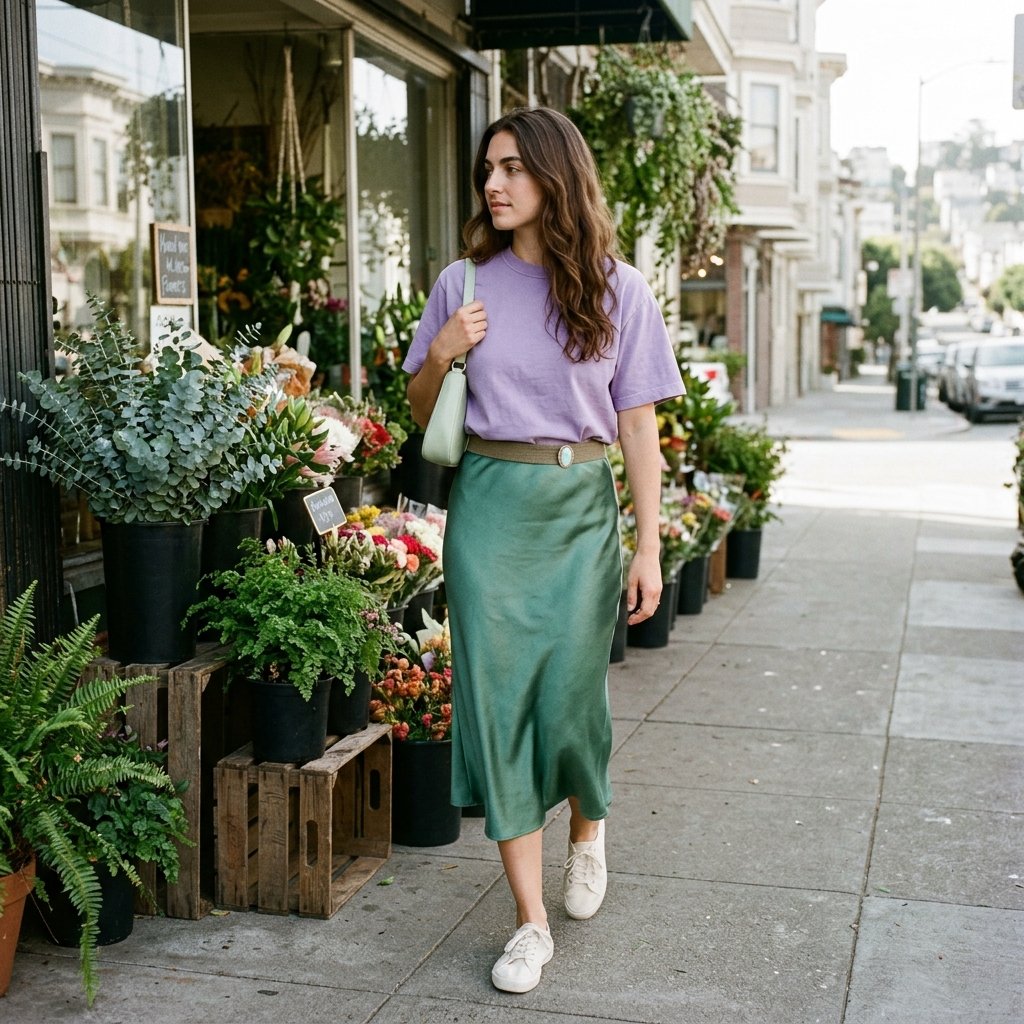 Jade Slip Skirt, Lavender Tee, and Opal Brooch