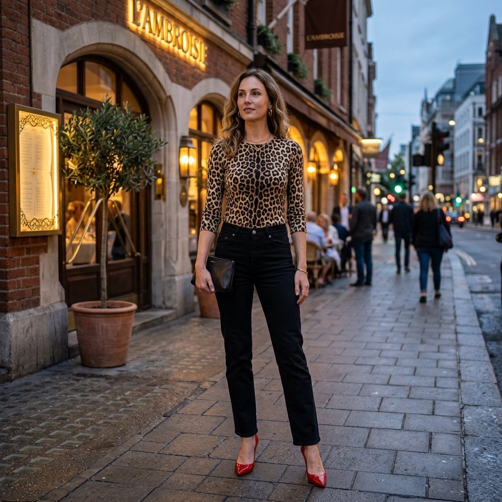 Leopard Print Top + Black Straight Jeans + Red Heels