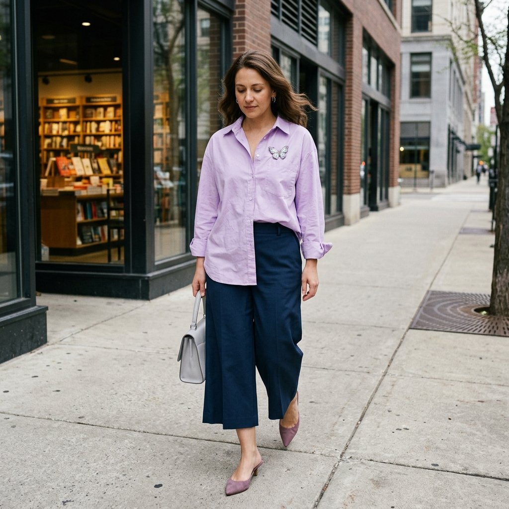 Lilac Poplin Shirt, Ink Culottes, and Butterfly Brooch