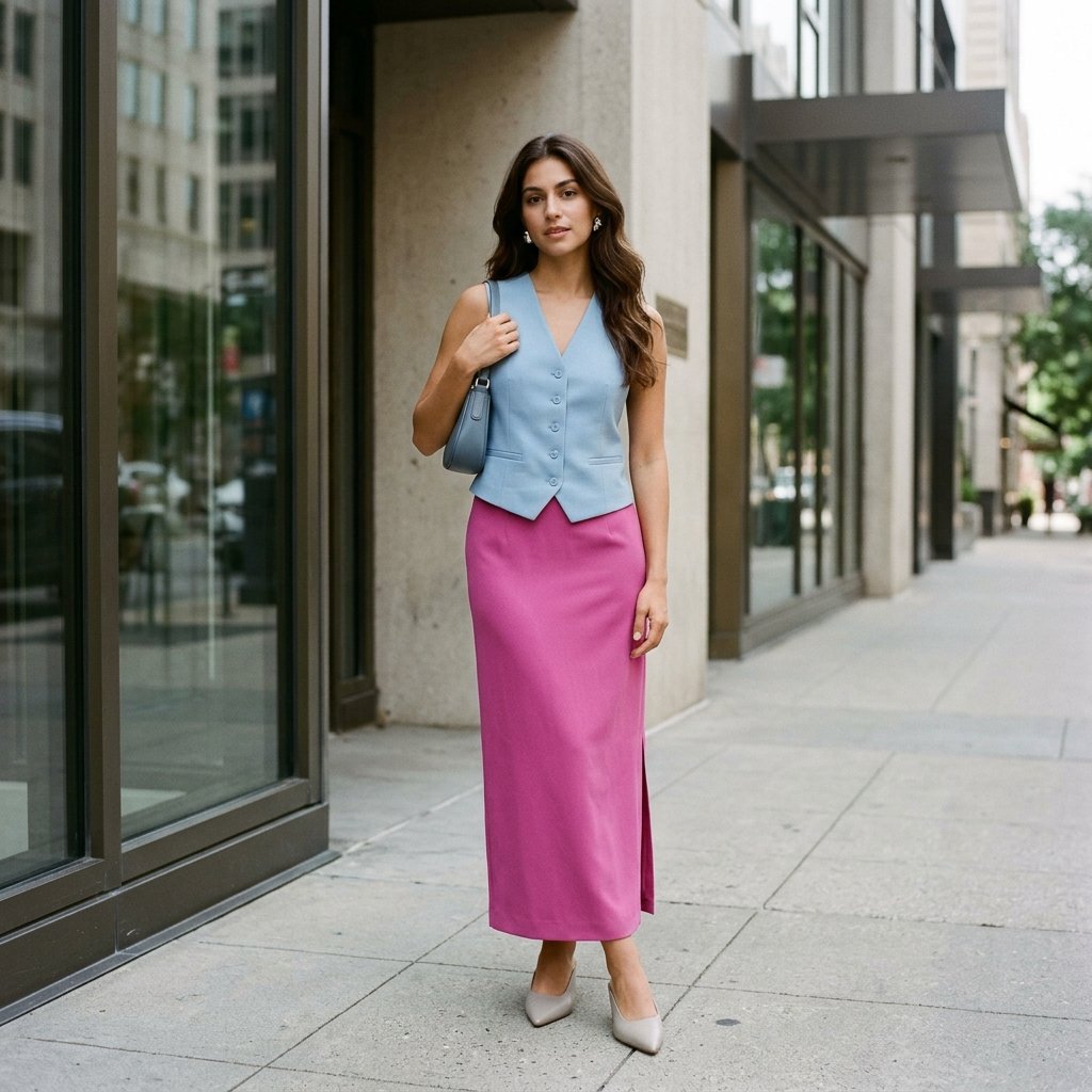 Magenta Pink Maxi Skirt with Powder Blue Vest