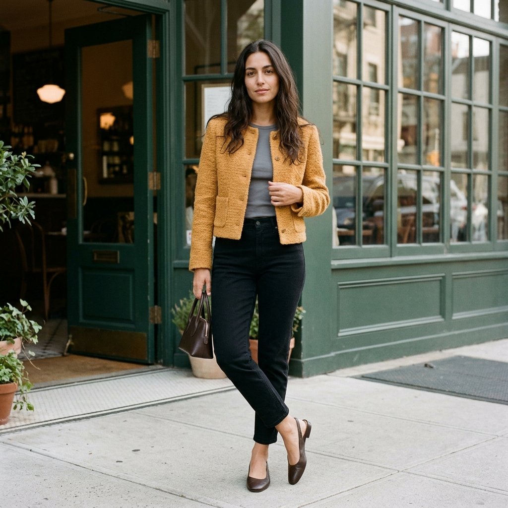 Marigold Bouclé Jacket + Black Tapered Jeans