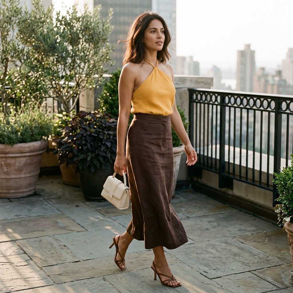 Marigold Halter With Espresso Column Skirt