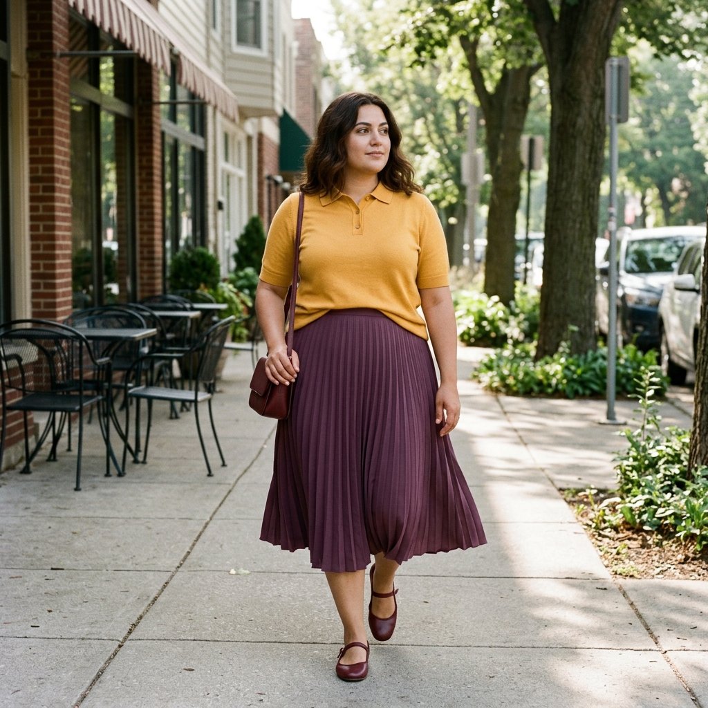 Marigold Knit Polo With a Pleated Plum Skirt