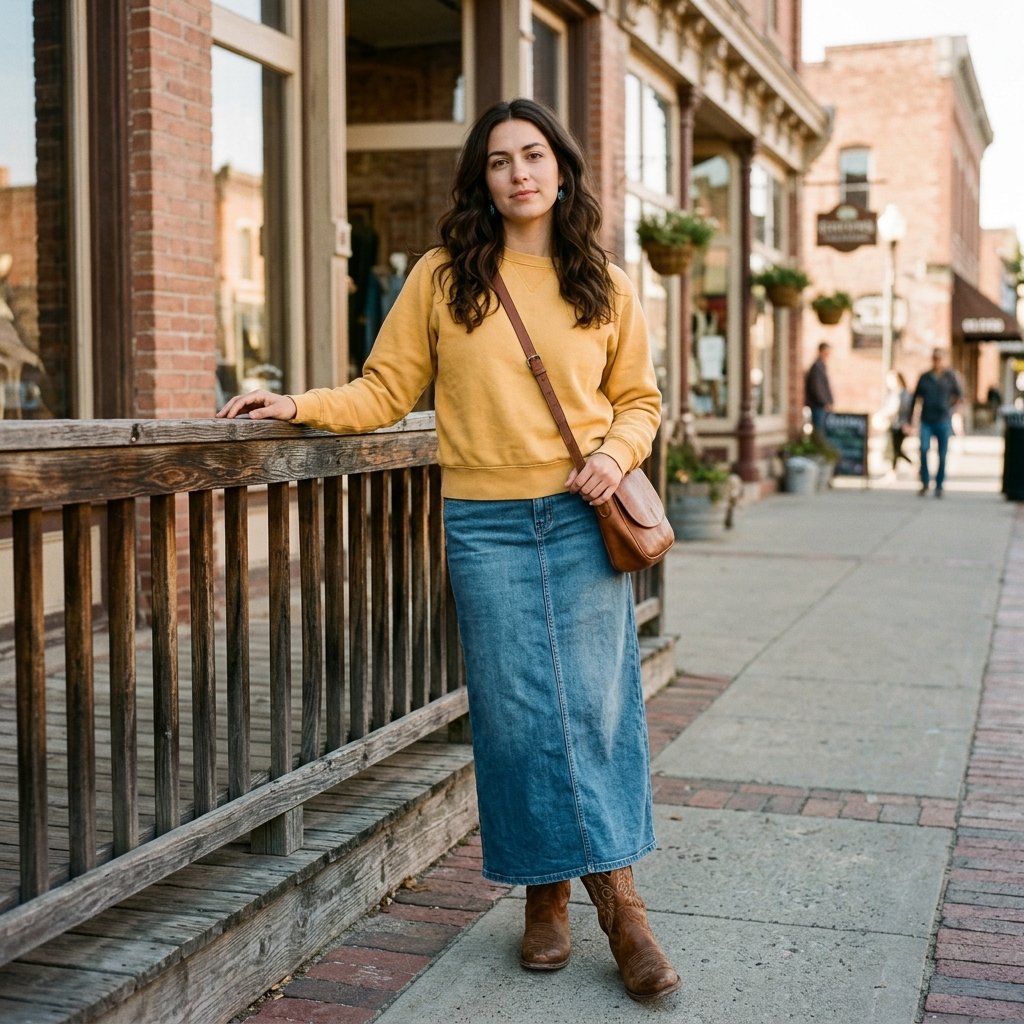 Marigold Sweatshirt + Steel Blue Denim Maxi + Western Ankle Boots