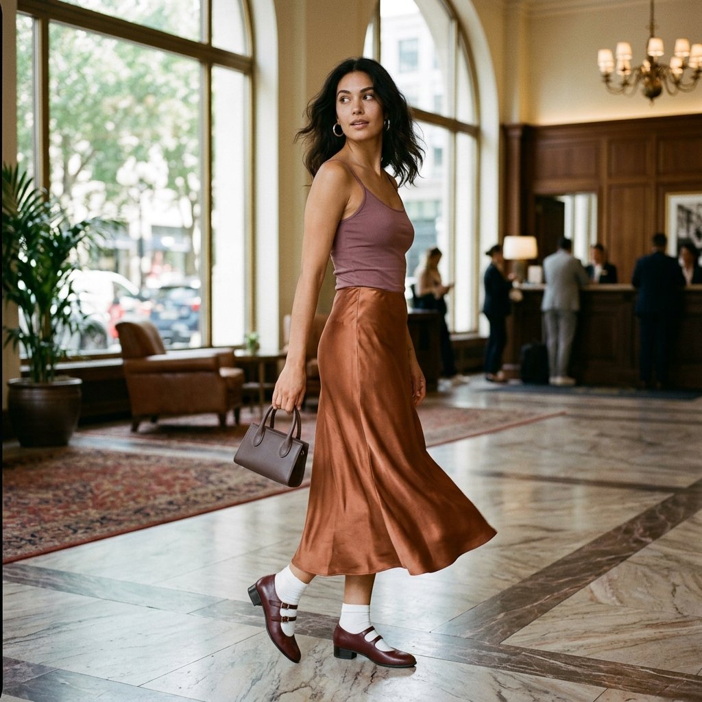 Mauve Cami + Copper Satin Slip Skirt + Oxblood Mary Janes