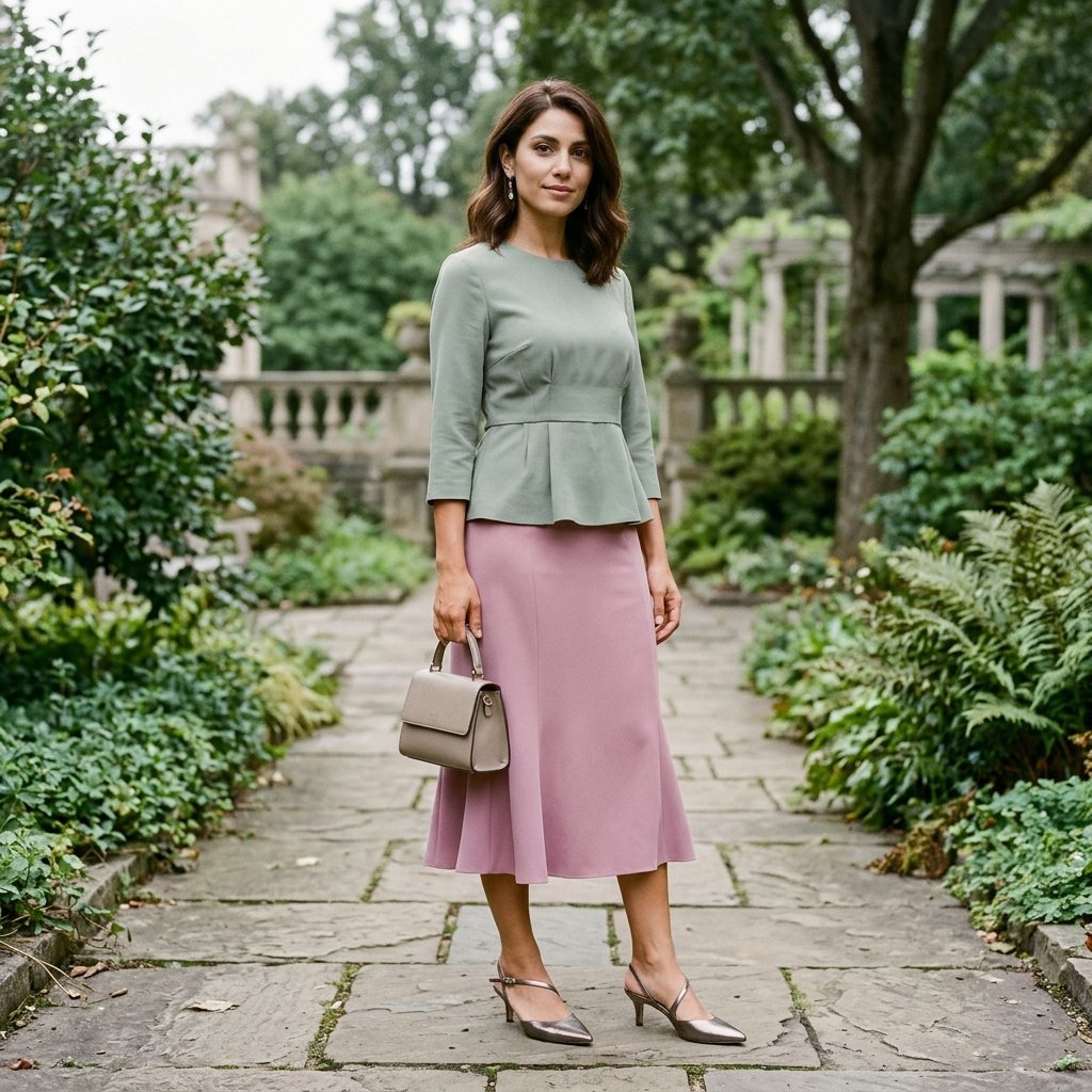 Mauve Pink Midi Skirt with Sage Green Peplum Blouse