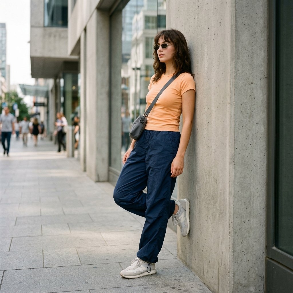 Midnight Blue Parachute Pants With an Apricot Baby Tee