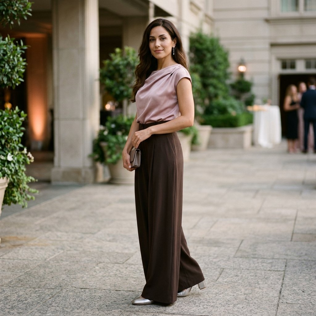 Misty Rose Asymmetric Blouse With Espresso Palazzo Pants