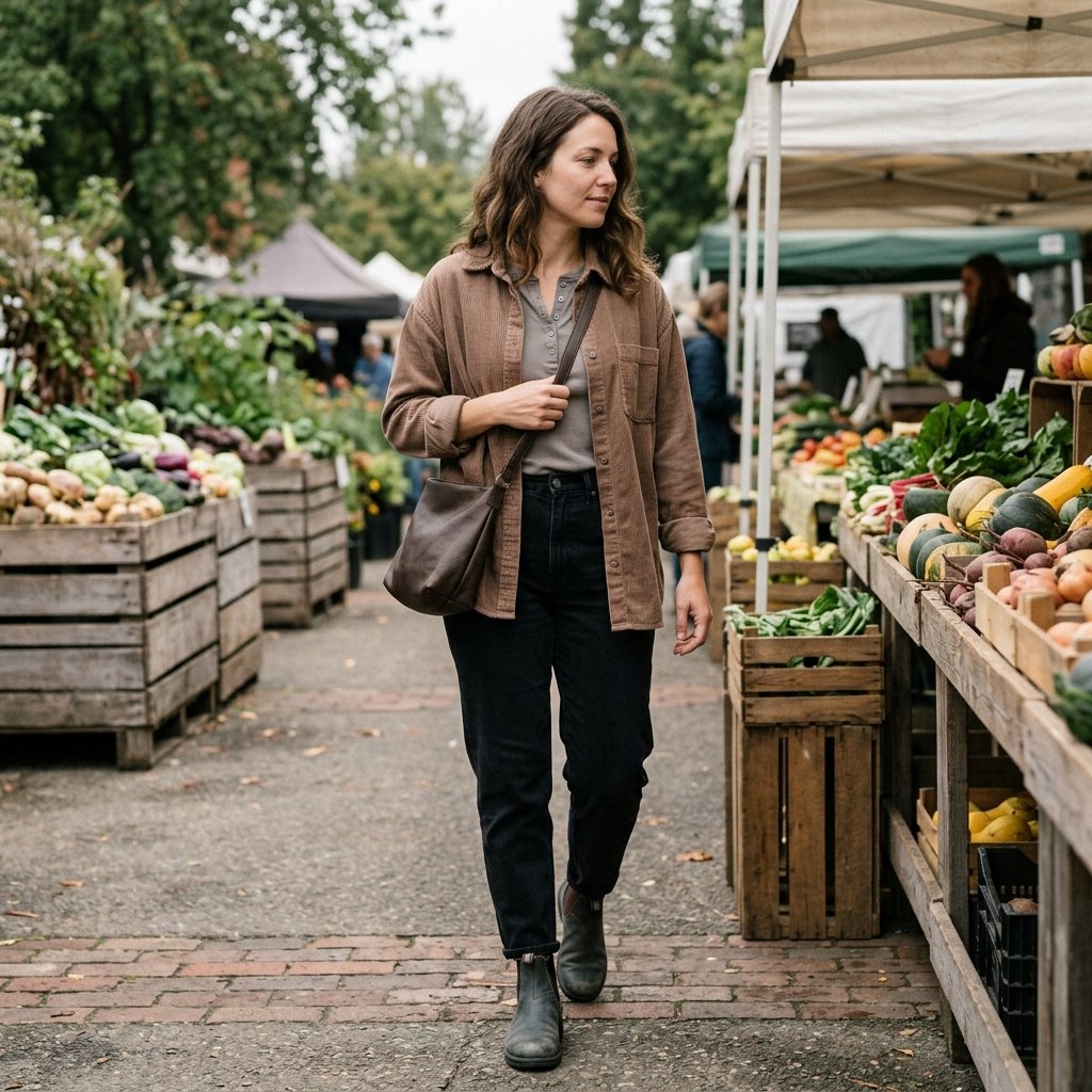 Mocha Corduroy Overshirt + Black Mom Jeans