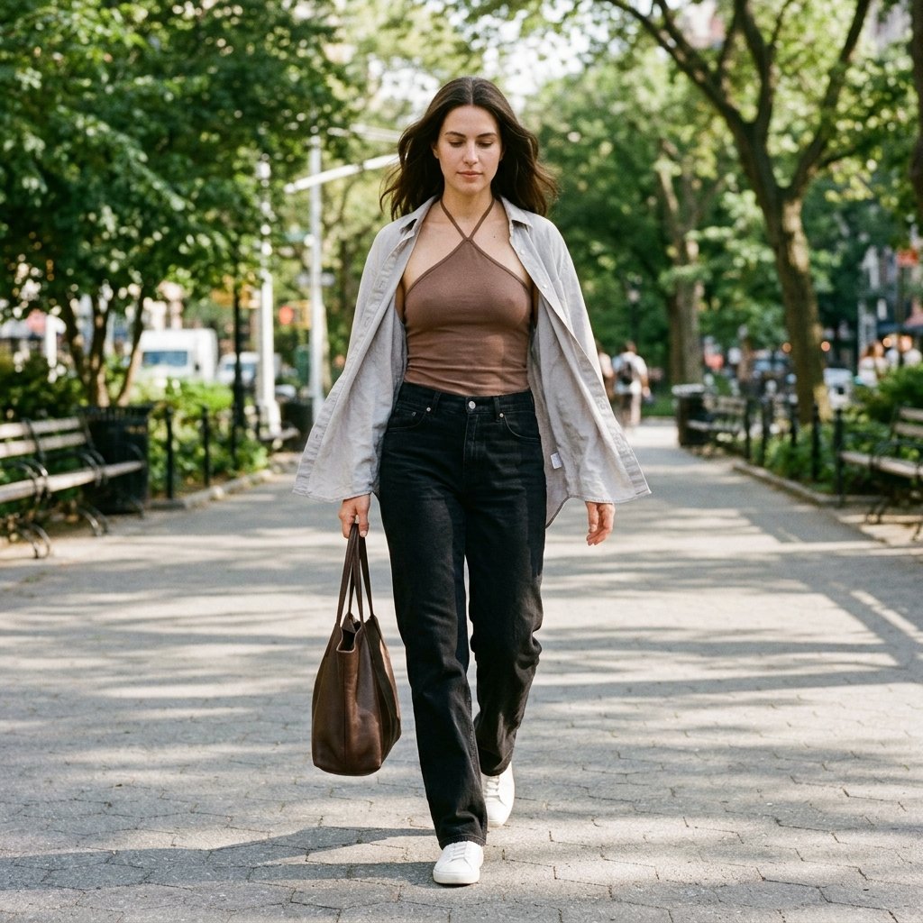 Mocha Halter Under a Light Gray Oversized Shirt