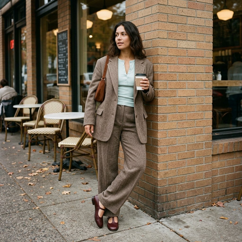 Mocha Herringbone Suit With a Sky Mint Henley