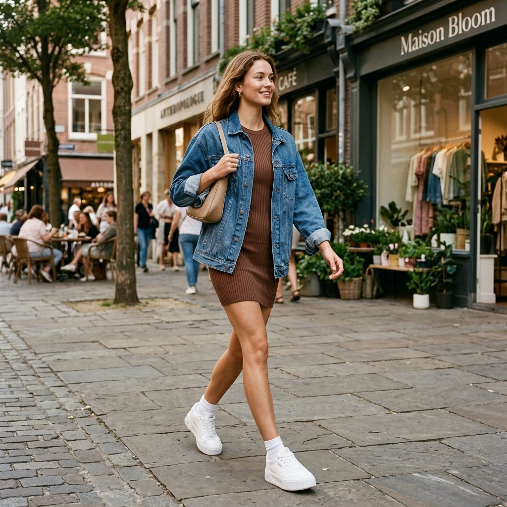 Mocha Knit Mini Dress + Oversized Denim Jacket + Platform Sneakers