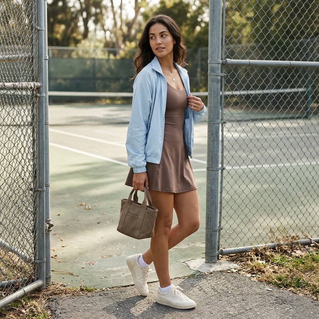 Mocha Tennis Dress With a Powder Blue Track Jacket