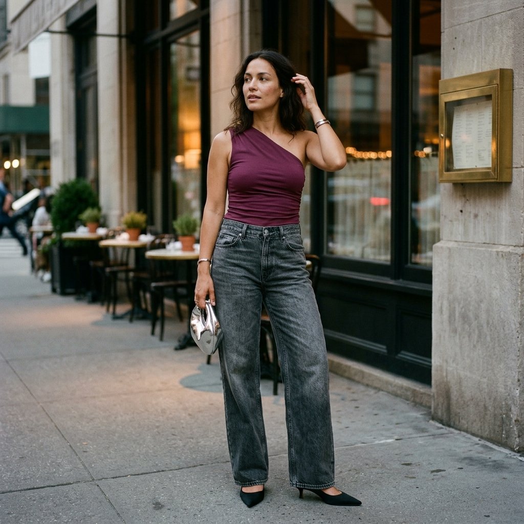Mulberry Asymmetric Top With Faded Charcoal Denim