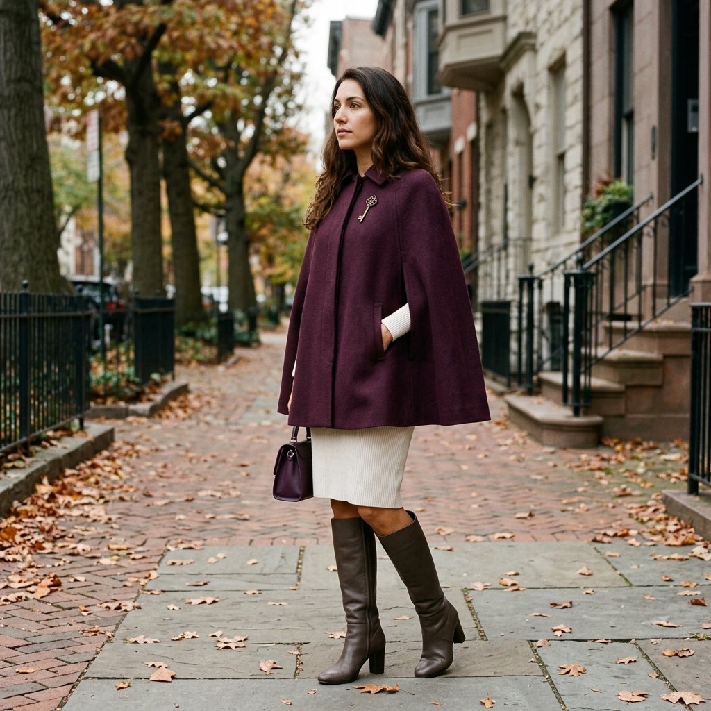 Mulberry Cape, Parchment Dress, and Antique Key Brooch