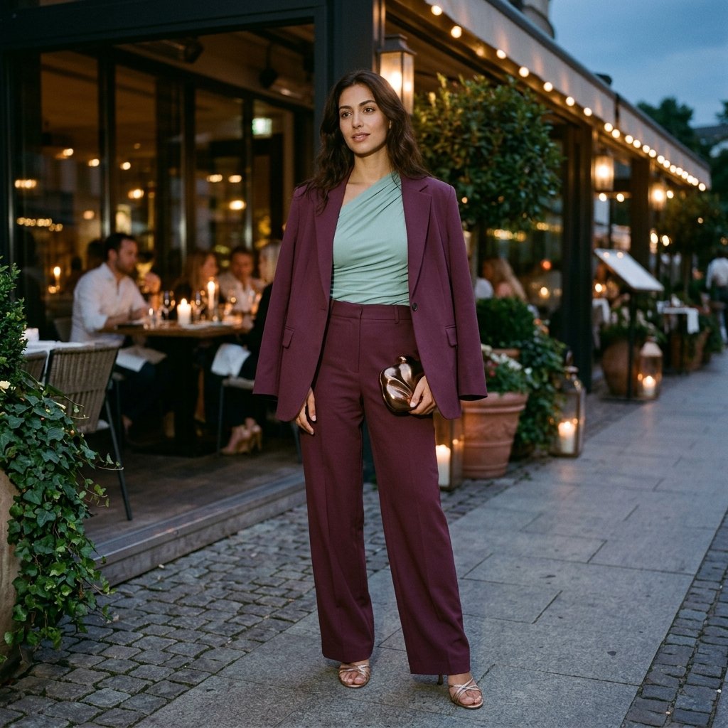 Mulberry Suit With a Seafoam Asymmetric Top