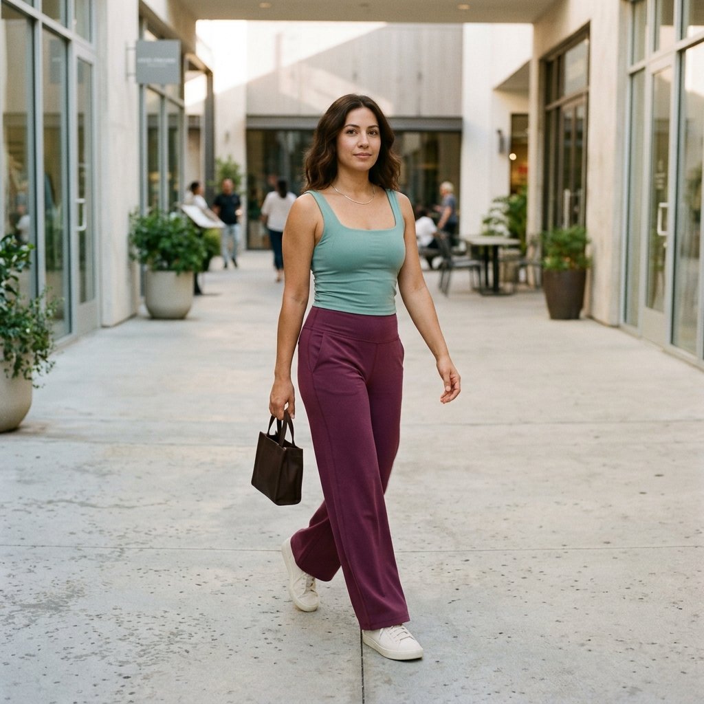 Mulberry Wide-Leg Active Pants With a Seafoam Tank