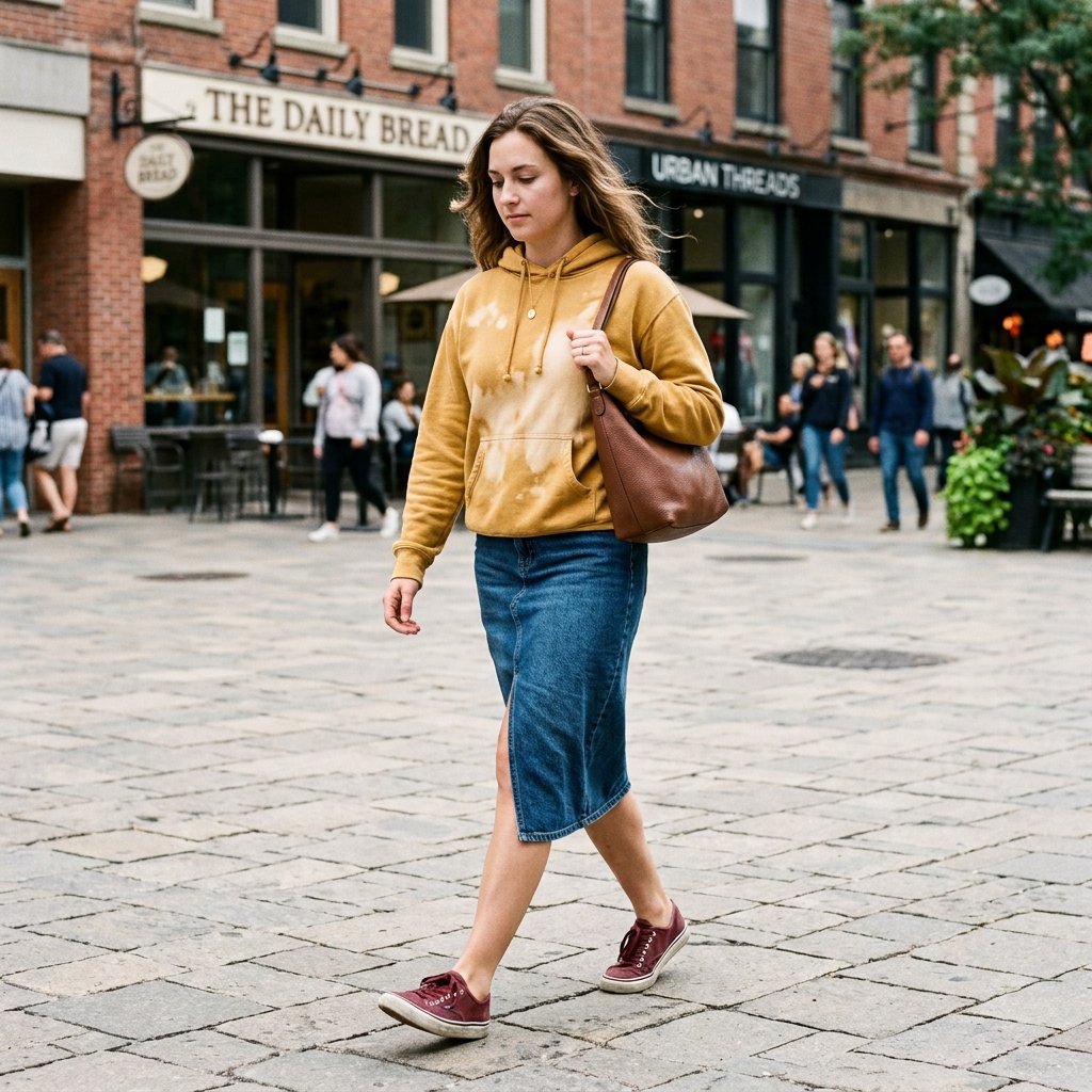Mustard Halo Bleach Hoodie + Indigo Denim Midi Skirt