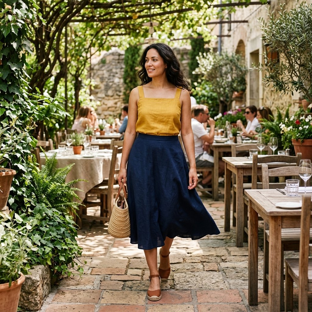 Mustard Square-Neck Cami + Navy A-Line Midi Skirt + Chestnut Espadrilles