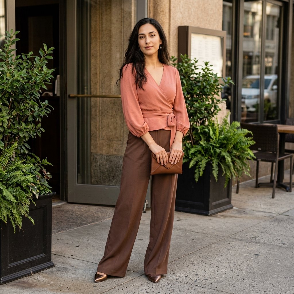 Muted Coral Wrap Top With Cocoa Wide-Leg Pants