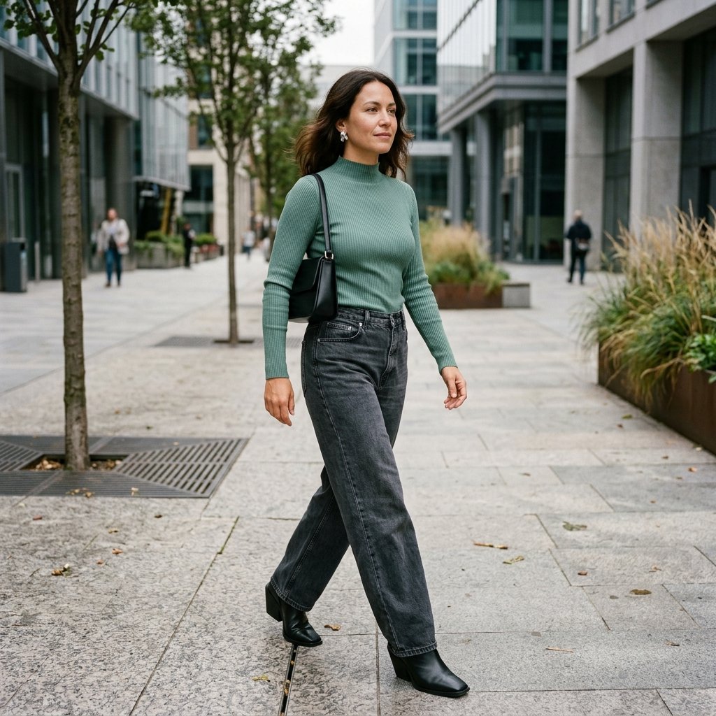 Muted Jade Funnel-Neck Top With Graphite Jeans