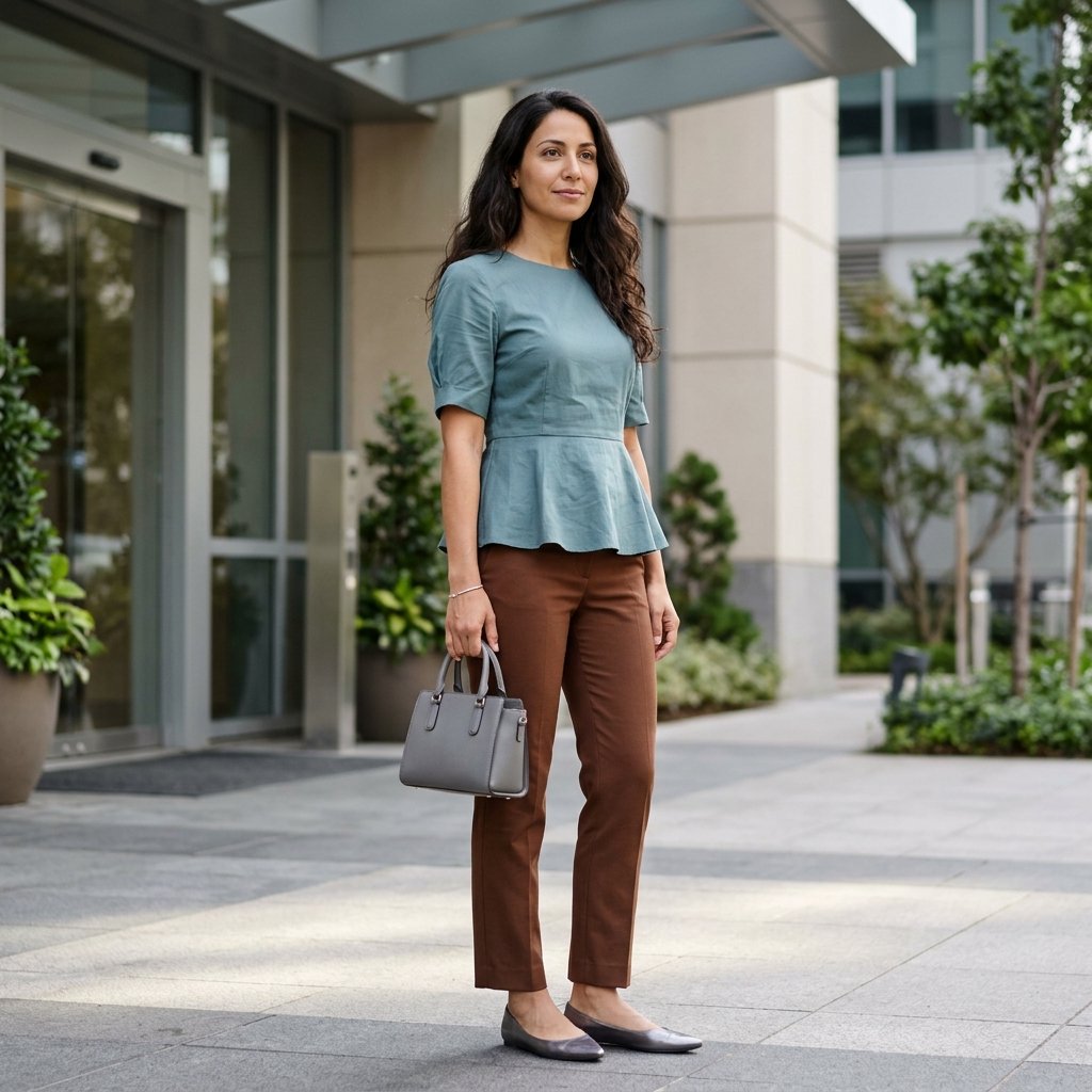 Muted Teal Peplum Blouse With Chestnut Pants