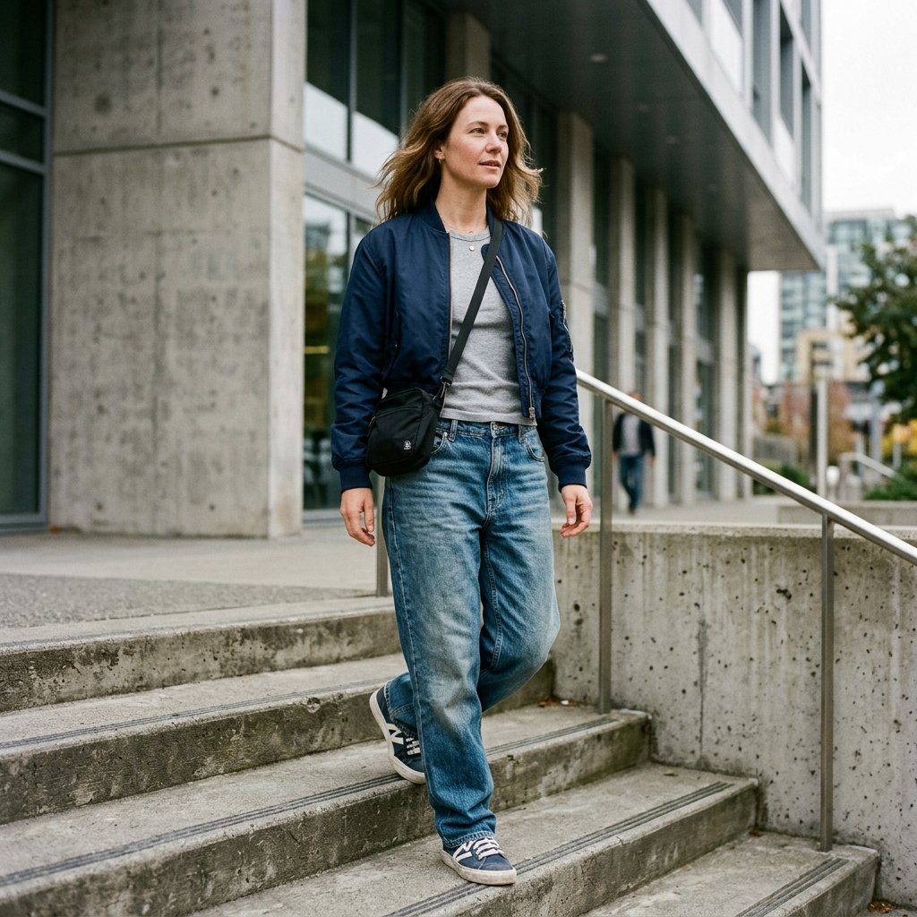 Navy Bomber Jacket + Heather Gray Tee + Faded Baggy Denim