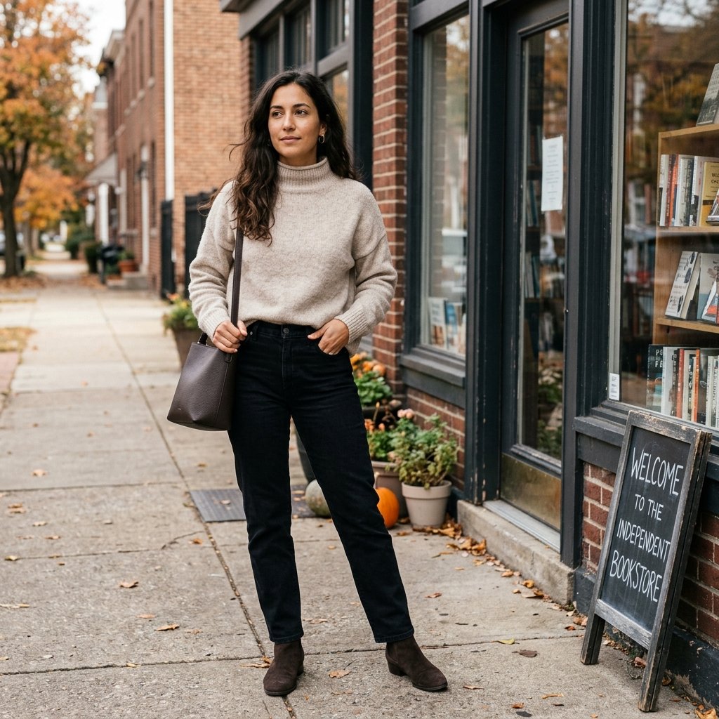 Oatmeal Funnel-Neck Sweater + Black Straight Jeans