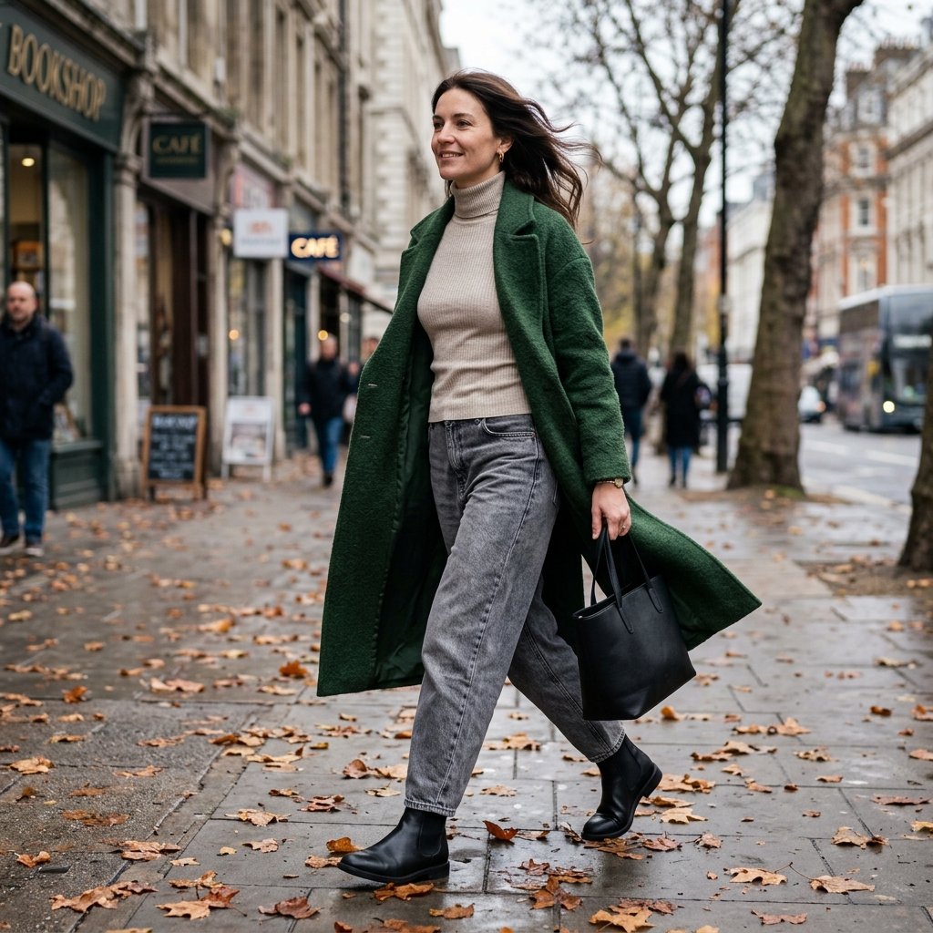 Oatmeal Turtleneck + Forest Green Coat + Washed Gray Jeans