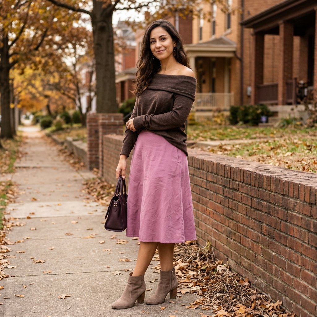 Orchid Pink Skirt with Espresso Brown Off-Shoulder Sweater