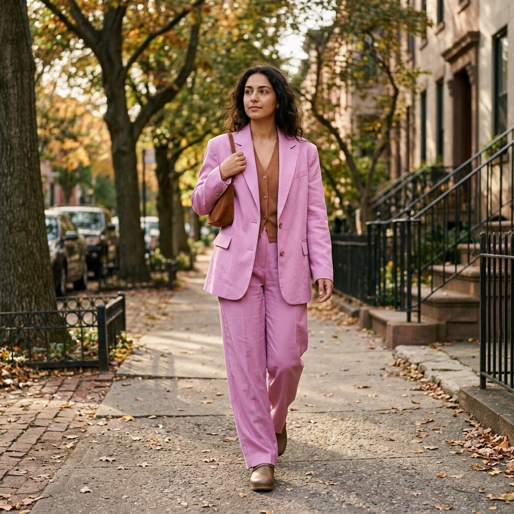 Orchid Pink Suit With a Cinnamon Knit Vest