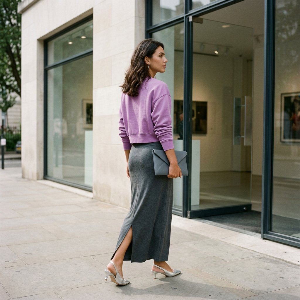 Orchid Sweatshirt + Graphite Column Skirt + Metallic Slingbacks