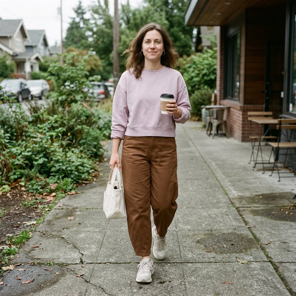 Orchid Sweatshirt With Pecan Barrel-Leg Pants