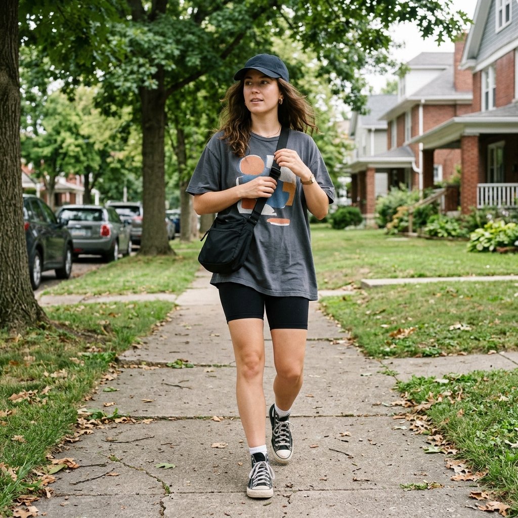 Oversized Graphic Tee + Biker Shorts + High-Top Sneakers