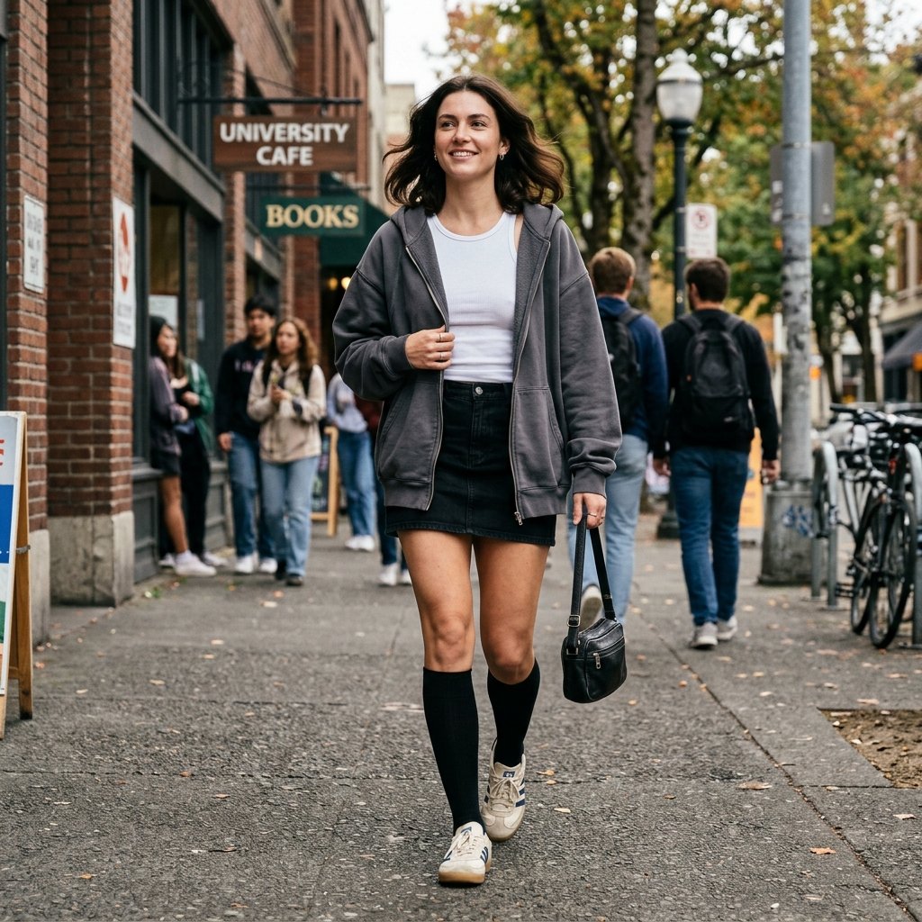 Oversized Zip Hoodie + Micro Skirt + Knee-High Socks