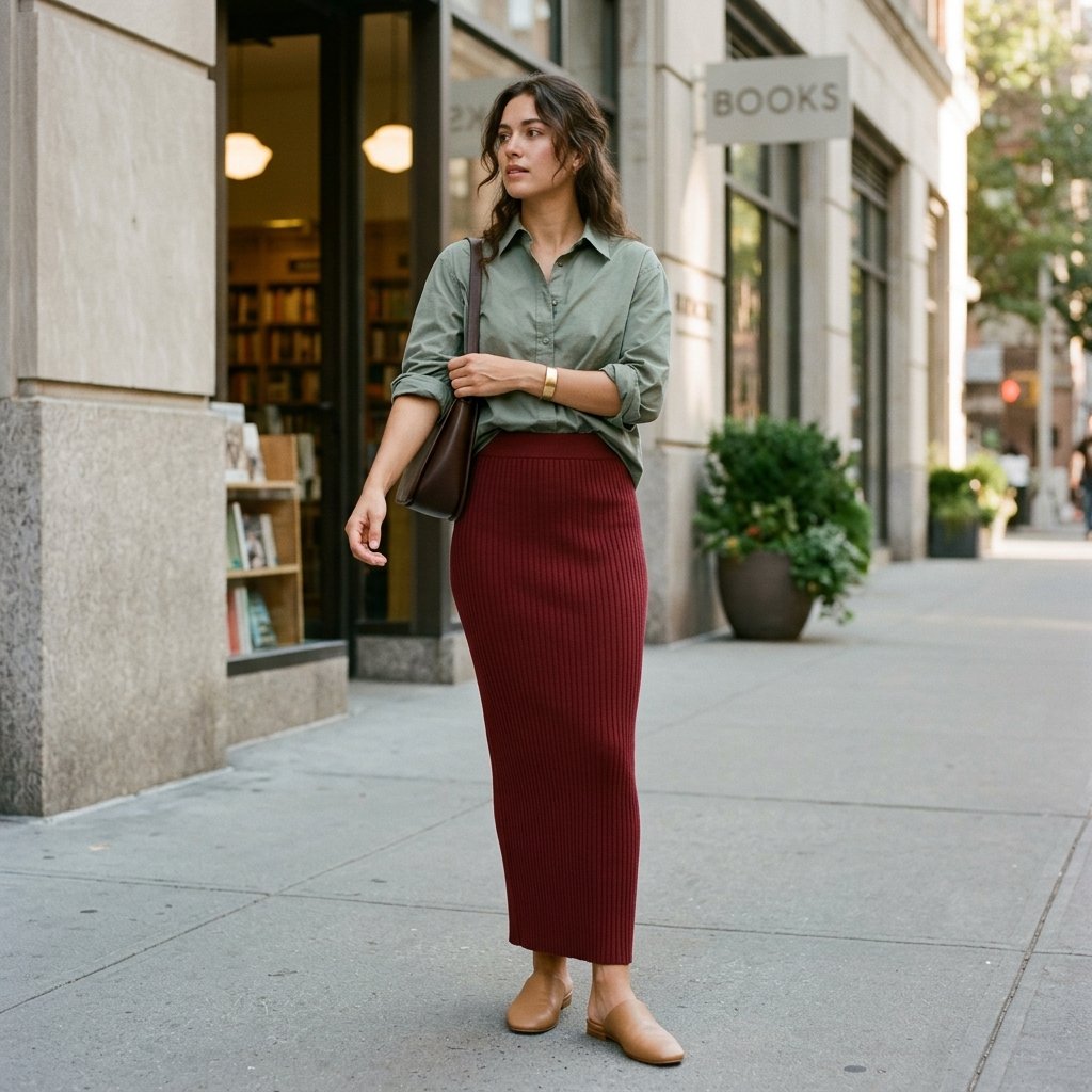 Oxblood Knit Column Skirt with a Sage Green Shirt