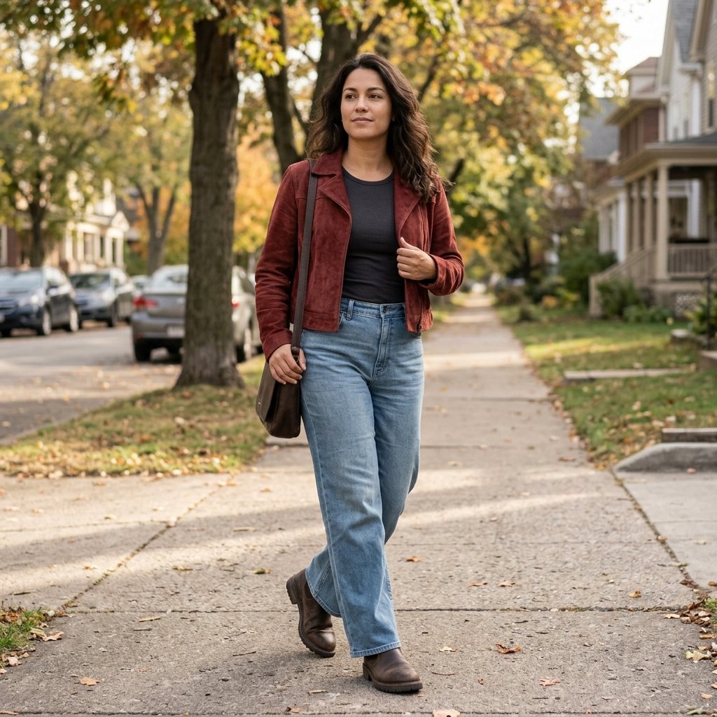 Oxblood Suede Jacket With Misty Blue Wide Leg Jeans