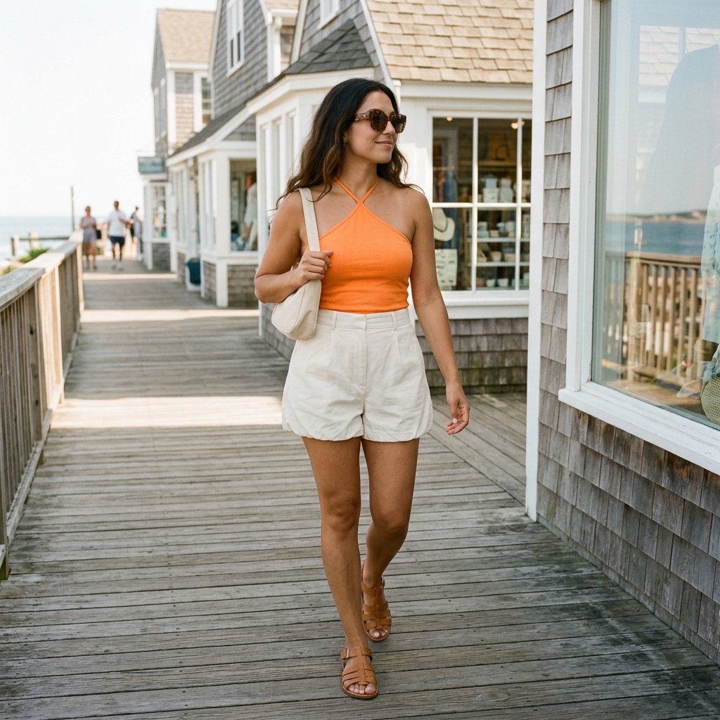 Papaya Halter Top With Ecru Bubble-Hem Shorts