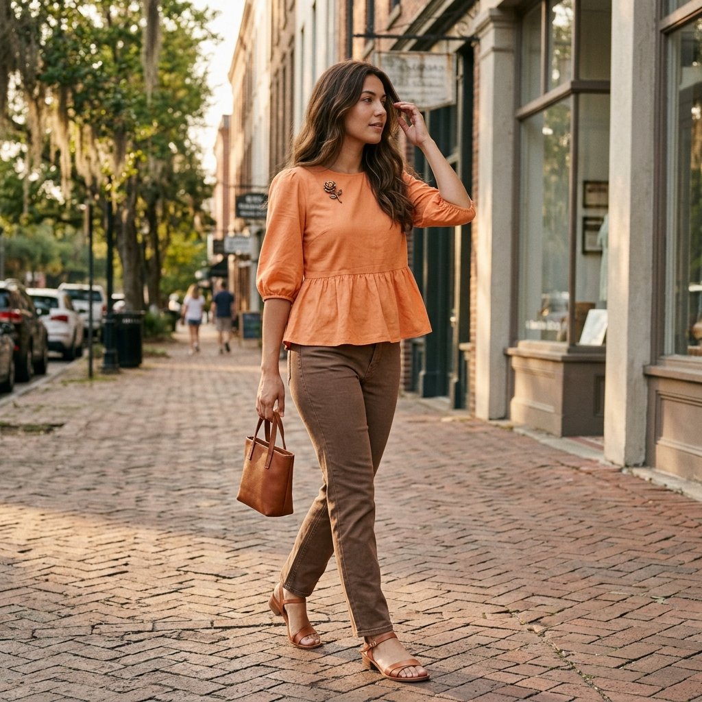 Papaya Peplum Top, Mocha Jeans, and Vintage Rose Brooch