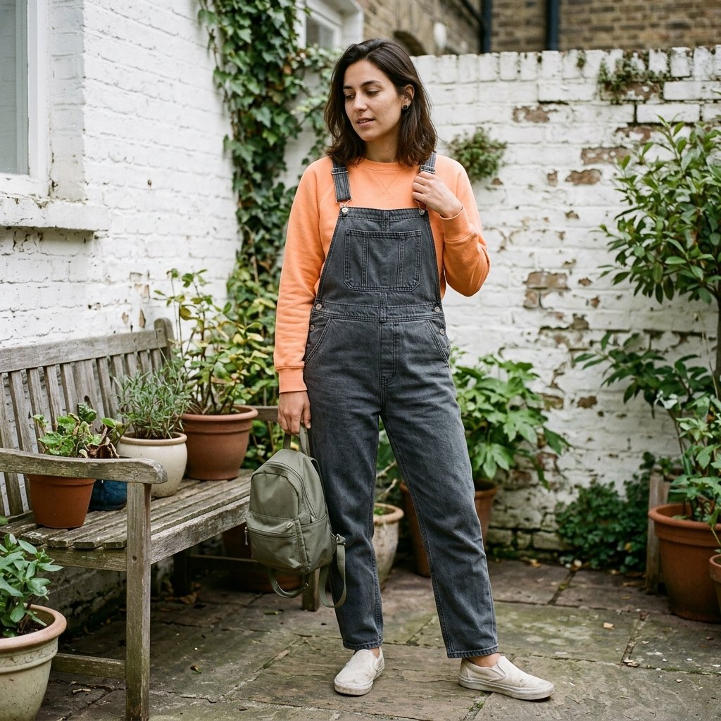 Papaya Sweatshirt + Charcoal Denim Overalls + Slip-On Sneakers