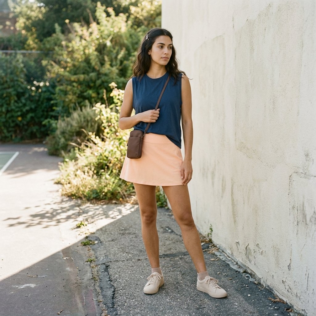 Peach Fuzz Tennis Skirt With an Ink Blue Muscle Tee