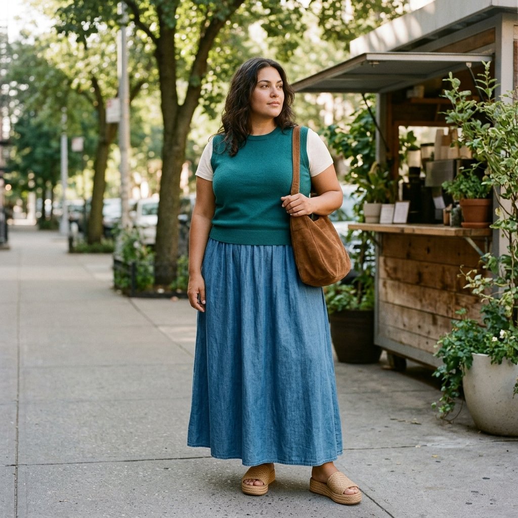 Peacock Green Sweater Vest With a Chambray Maxi Skirt